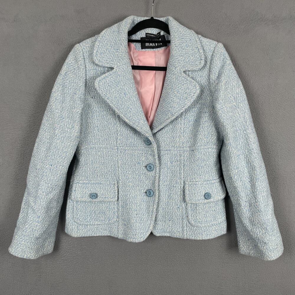 MARVIN Blazer Womens Large Blue Tweed Lined Collared Pockets Button Jacket